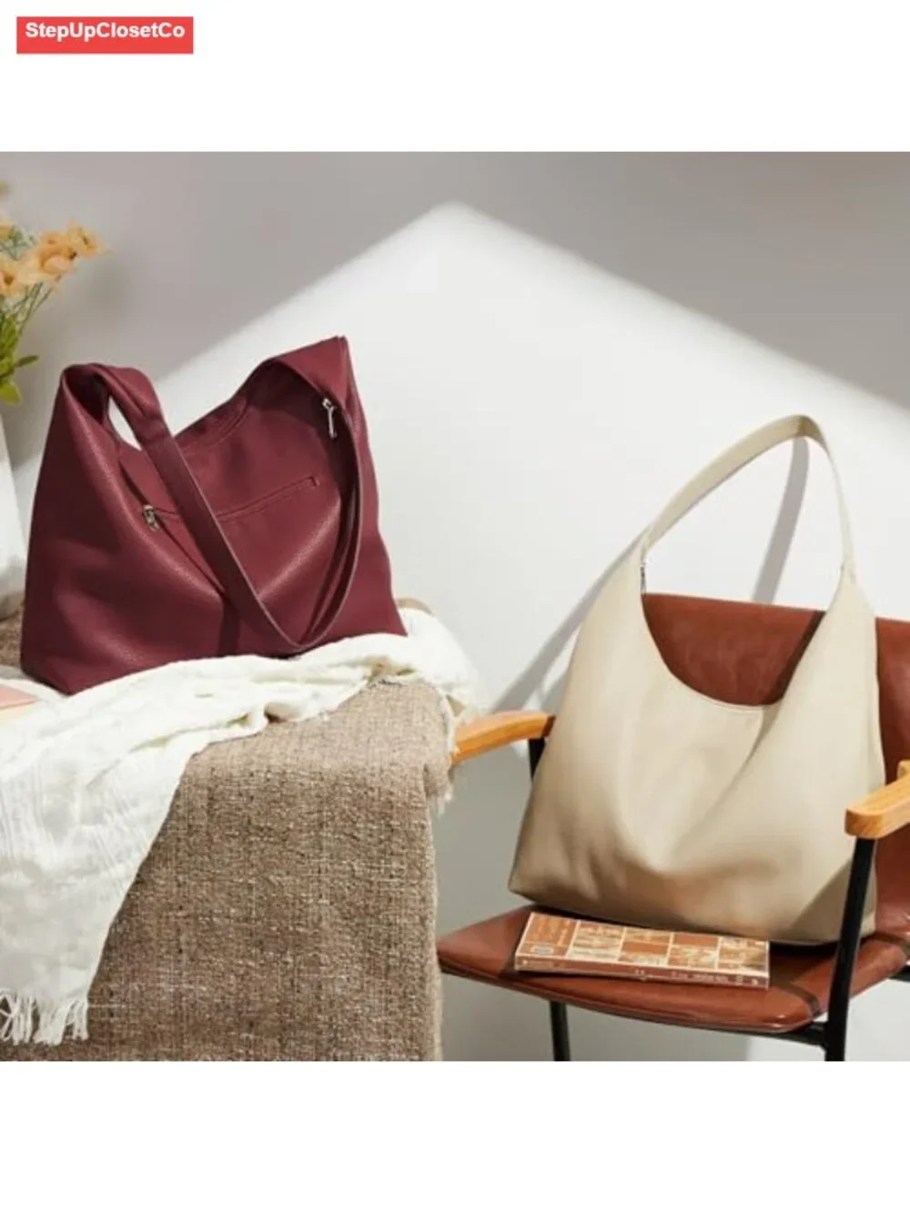 Slouchy Tote Bag 18L Casual Vegan Leather Crescent Hobo Zipper